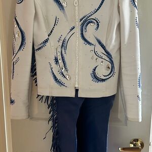 Chic White and Blue Embellished Women's Blazer